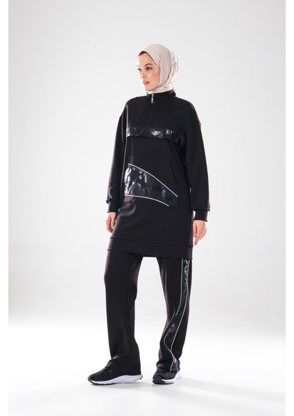 2280_KADIN Fermuarlı Dik Yaka, Gümüş Biye Detaylı, Spor Eşofman Takımı–kanguru Cep, Şeritli Pantolon indirimleri