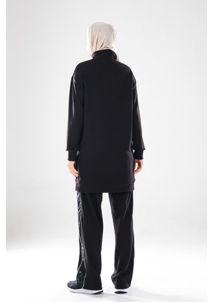 2280_KADIN Fermuarlı Dik Yaka, Gümüş Biye Detaylı, Spor Eşofman Takımı–kanguru Cep, Şeritli Pantolon