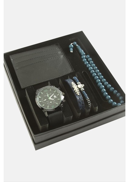 Kayışlı Kol Saati Tesbih Bileklik ve Cüzdan Kutulu Set