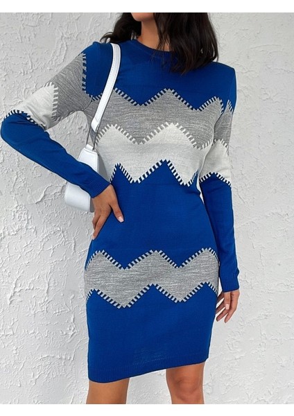 Kadın Uzun Kollu Zigzag Desen Triko Elbise fırsatları