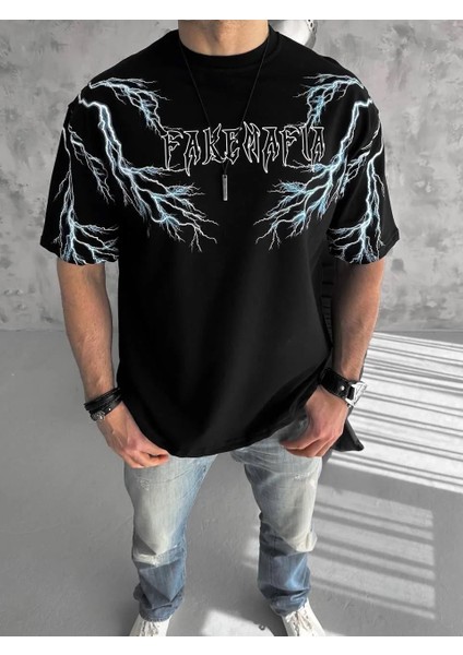 Unisex Bisiklet Yaka Baskılı Oversize T-Shirt - Siyah