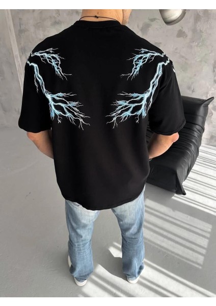 Unisex Bisiklet Yaka Baskılı Oversize T-Shirt - Siyah modelleri