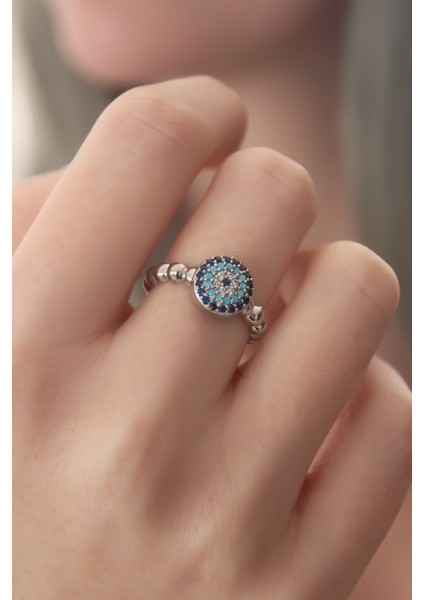 Gümüş Renk Nazar Boncuk Figür Zirkon Taş Detay Kadın Yüzük - TJ-BYK2414