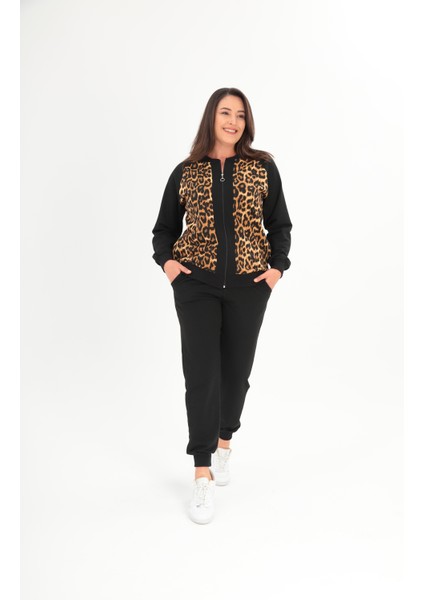 Kadın Büyük Beden Siyah Ön Fermuarlı Leopar Detaylı Eşofman Takım 65N38696