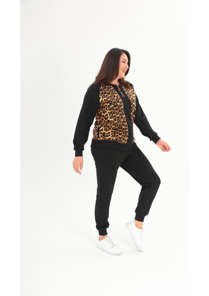 Kadın Büyük Beden Siyah Ön Fermuarlı Leopar Detaylı Eşofman Takım 65N38696 fiyatları