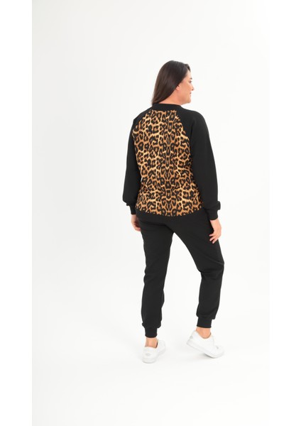 Kadın Büyük Beden Siyah Ön Fermuarlı Leopar Detaylı Eşofman Takım 65N38696 modelleri
