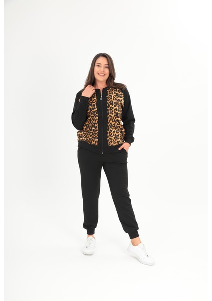 Kadın Büyük Beden Siyah Ön Fermuarlı Leopar Detaylı Eşofman Takım 65N38696 indirimleri