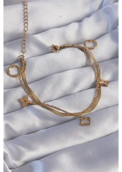 316L Çelik Gold Renk Çift Zincir Yonca Tasarım Bileklik - TJ-BB6181