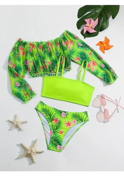 Yeşil Çiçekli Bikini Mayo Büstiyer Bluz Takımı