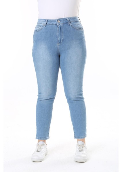 Kadın Büyük Beden Mavi, Yüksek Bel Likralı 5 Cep Kot Pantolon fiyatları