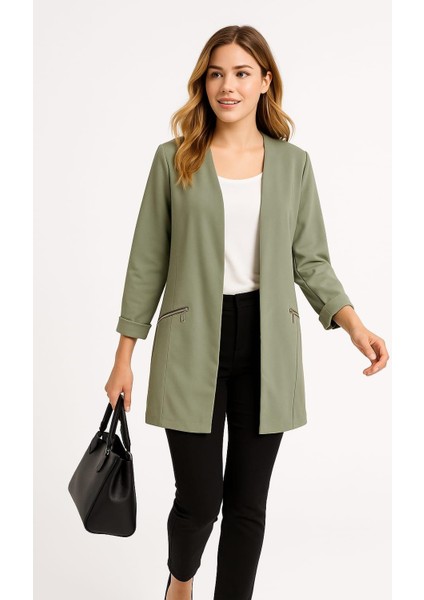 Kadın Büyük Beden Yeşil, Fermuar Süs Cep, Blazer Ceket 65N39051