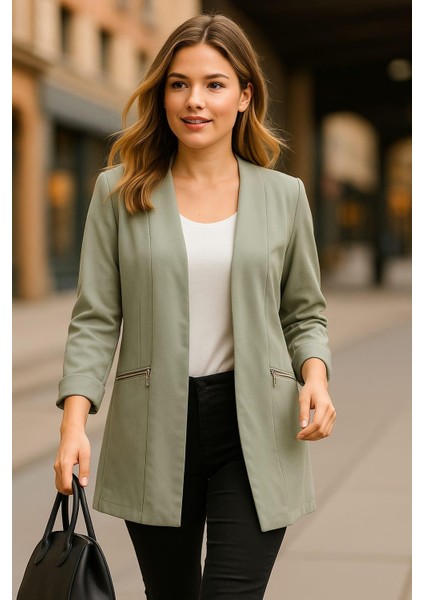 Kadın Büyük Beden Yeşil, Fermuar Süs Cep, Blazer Ceket 65N39051 fiyatları