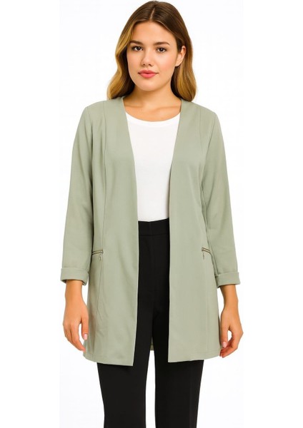 Kadın Büyük Beden Yeşil, Fermuar Süs Cep, Blazer Ceket 65N39051 fırsatları