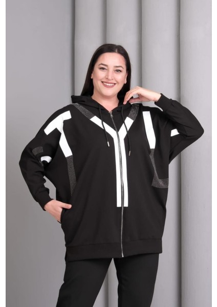Kadın Büyük Beden Siyah, Kapüşonlu Fermuarlı, Baskı ve Taş Detaylı Astarsız Tunik Ceket 65N39196