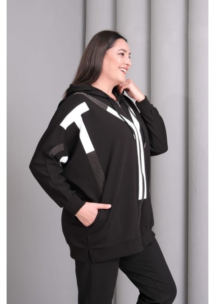 Kadın Büyük Beden Siyah, Kapüşonlu Fermuarlı, Baskı ve Taş Detaylı Astarsız Tunik Ceket 65N39196 fiyatları