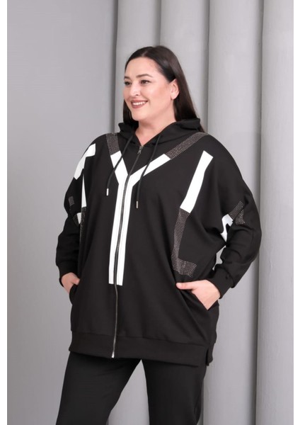 Kadın Büyük Beden Siyah, Kapüşonlu Fermuarlı, Baskı ve Taş Detaylı Astarsız Tunik Ceket 65N39196 modelleri