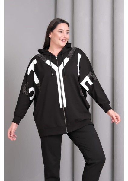 Kadın Büyük Beden Siyah, Kapüşonlu Fermuarlı, Baskı ve Taş Detaylı Astarsız Tunik Ceket 65N39196 fırsatları