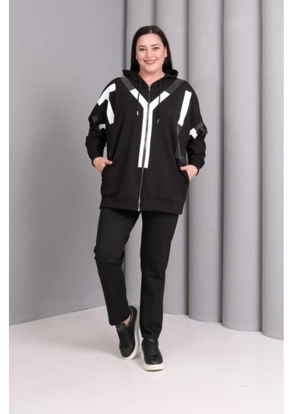 Kadın Büyük Beden Siyah, Kapüşonlu Fermuarlı, Baskı ve Taş Detaylı Astarsız Tunik Ceket 65N39196 indirimleri