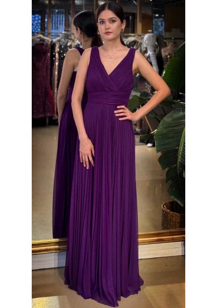 Damson V Yaka Kalın Askı Kloş Etekli Şifon Uzun Abiye Elbise 11098-08