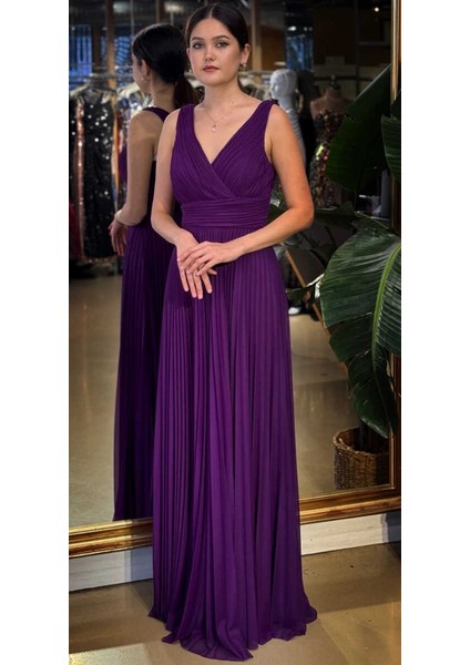 Damson V Yaka Kalın Askı Kloş Etekli Şifon Uzun Abiye Elbise 11098-08 fiyatları