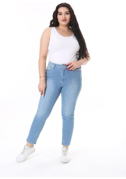 Kadın Büyük Beden Mavi, Yüksek Bel Likralı 5 Cep Kot Pantolon