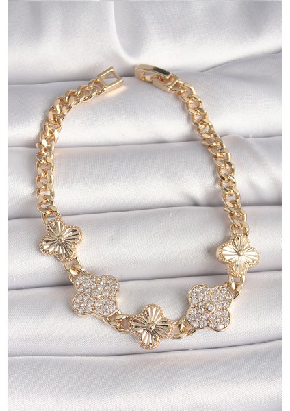 Pirinç Gold Renk Zirkon Taşlı Yonca Model Kadın Bileklik - TJ-BB6836