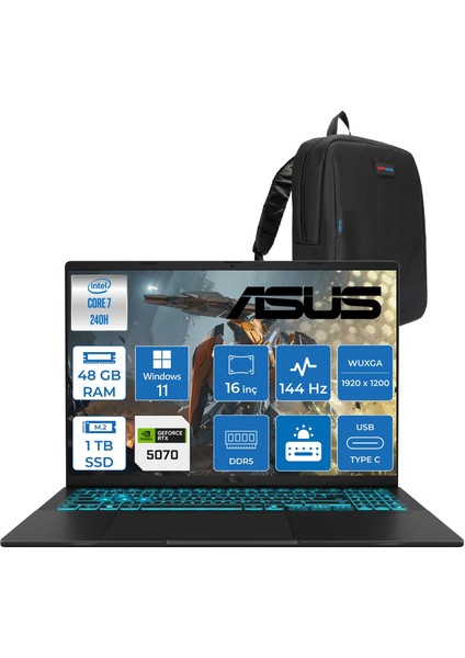 Vivobook V16 2.nesil Core 7 240H Aı 48GB Ddr5 1tb SSD RTX5070/8GB 16.0-Inch, Wuxga (1920 x 1200) 300NITS 144Hz WIN11PRO Gaming Bilgisayar WV3607VPP18+ZETTAÇANTA