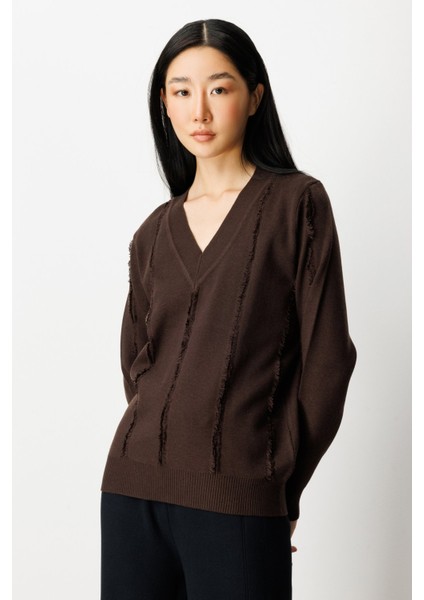 Kadın Yaka Şerit Kırçıllı Triko Kazak 65321 Kahverengi