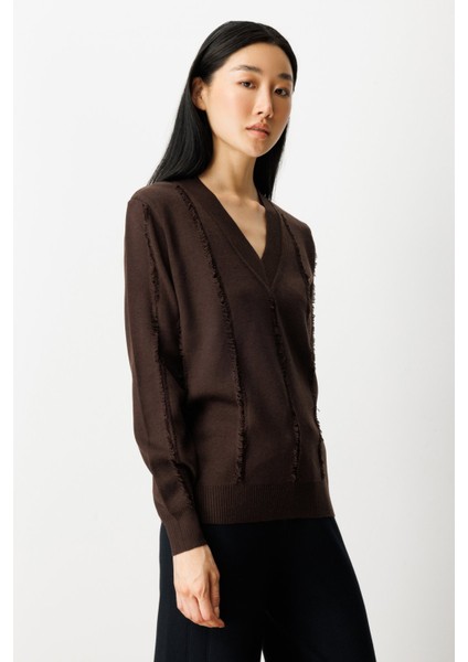 Kadın Yaka Şerit Kırçıllı Triko Kazak 65321 Kahverengi fiyatları