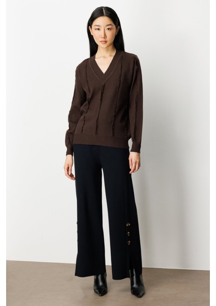 Kadın Yaka Şerit Kırçıllı Triko Kazak 65321 Kahverengi modelleri