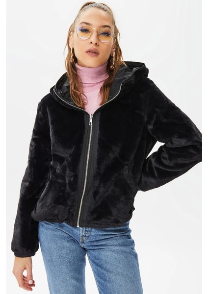 Kadın Onldahlıa Çift Taraflı Kapüşonlu Kürk Mont 15208777 Black