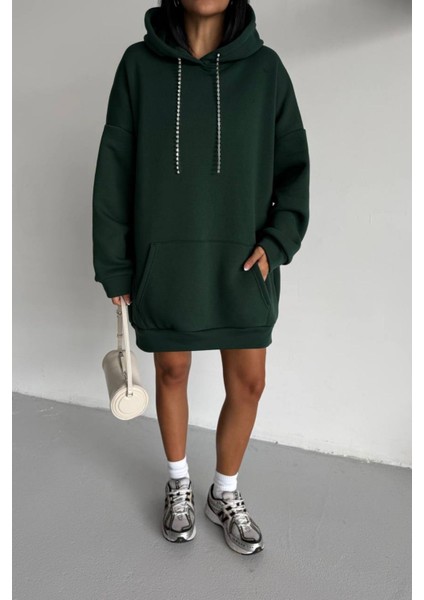 Kadın Kapüşonlu Taş Detaylı Sweatshirt Elbise