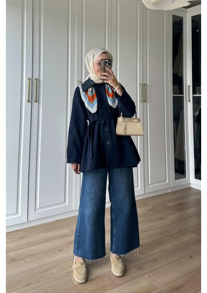 9342 Yakası Deri Garnili Altı Düğmeli Kuşaklı Trençkot