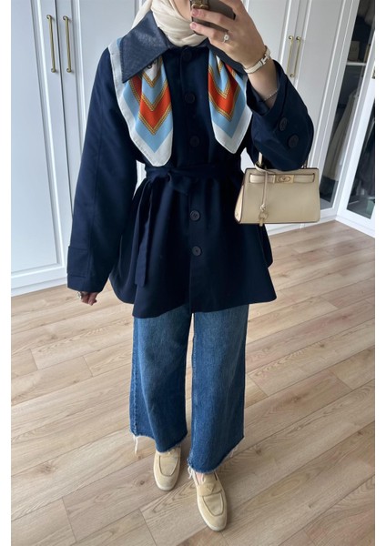 9342 Yakası Deri Garnili Altı Düğmeli Kuşaklı Trençkot fiyatları