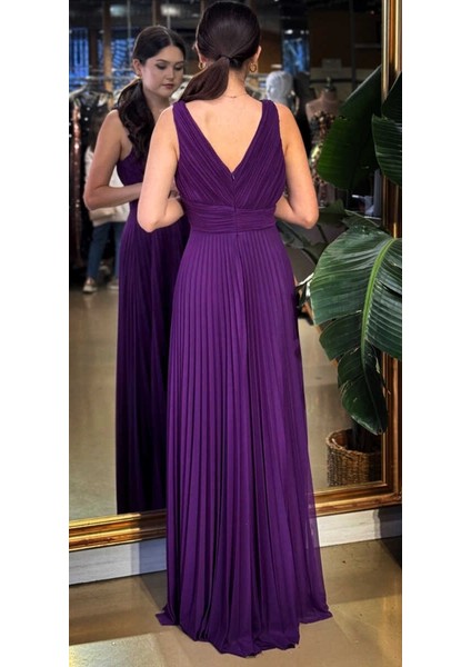 Damson V Yaka Kalın Askı Kloş Etekli Şifon Uzun Abiye Elbise 11098-08 indirimleri