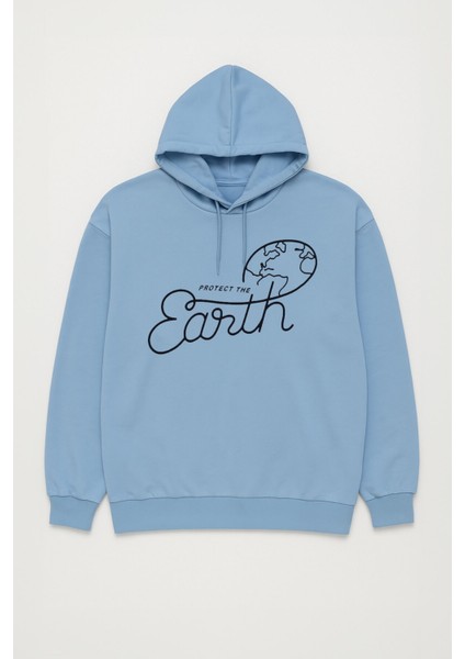 Kadın Kapüşonlu Dünya Baskılı Mavi Sweatshirt
