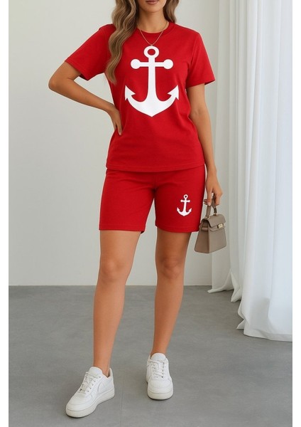 Kadın Kısa Kollu Çapa Baskılı Viskon Ikili Takım