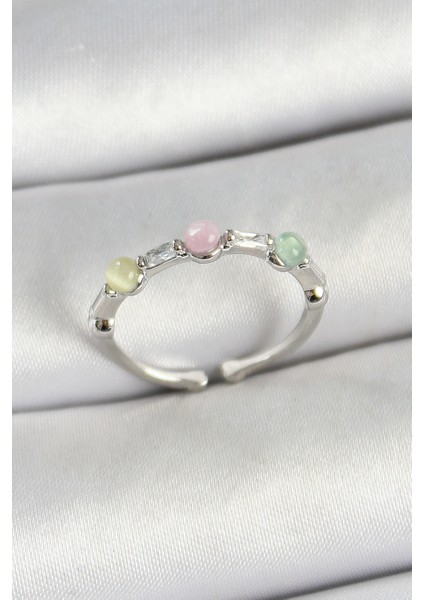 Pirinç Sıralı Boncuk Figürlü Zirkon Taşlı Gümüş Renk Ayarlanabilir Kadın Yüzük - TJ-BYK3759