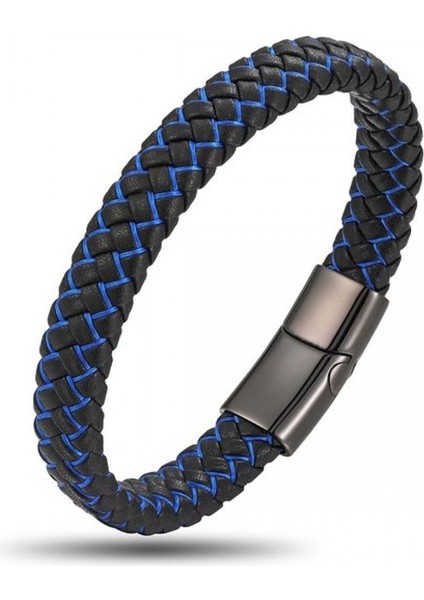 Mavi Siyah Deri Örgü Çelik Bileklik 9593B4D3
