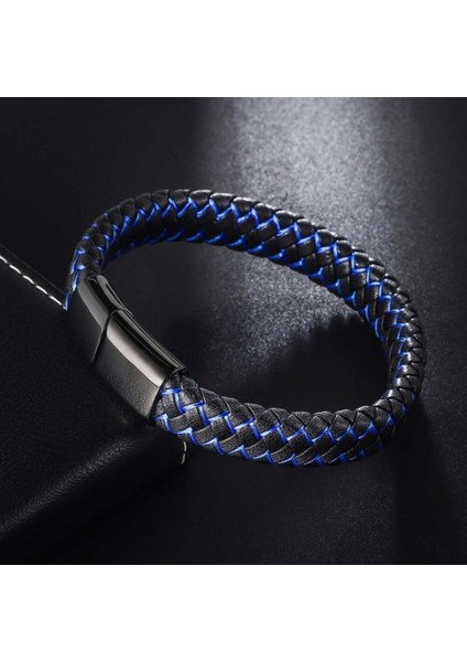 Mavi Siyah Deri Örgü Çelik Bileklik 9593B4D3 fiyatları