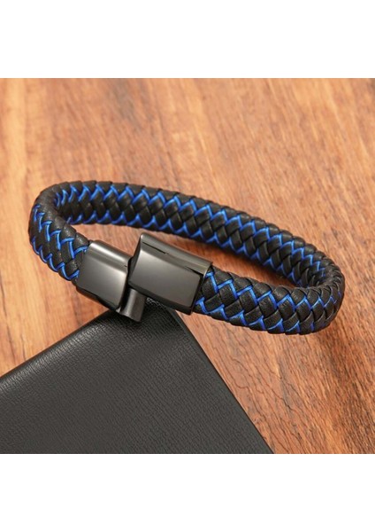 Mavi Siyah Deri Örgü Çelik Bileklik 9593B4D3 modelleri