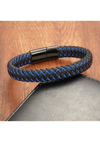 Mavi Siyah Deri Örgü Çelik Bileklik 9593B4D3 fırsatları