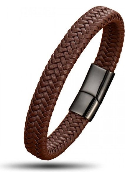 Kahve Deri Örgü Çelik Bileklik 9593B4D5