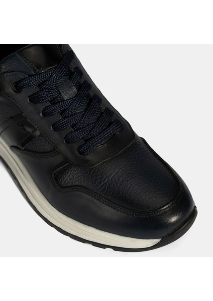 Erkek Lacivert Bağcıklı Deri Sneaker