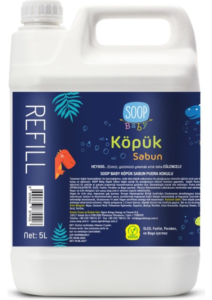 Baby Dinozor Köpük Sabun Pudra Kokulu 5l | Vegan Hipoalerjenik | Sles Fosfat Paraben Boya Içermez | Dermatolojik Test Edilmiş | Eğlenceli Köpük Form