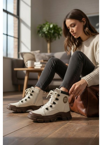 Conpax 5967 Bej Kahve Kadın Fermuarlı & Bağcıklı Bot