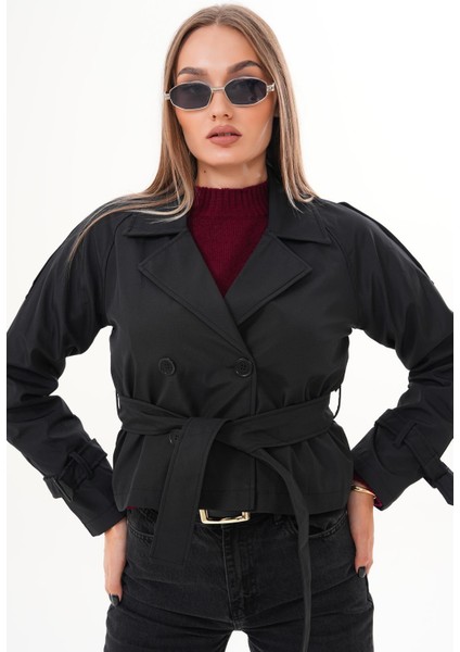 Kuşaklı Astarlı Kısa Trençkot Siyah