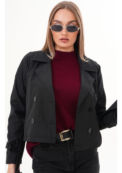 Kuşaklı Astarlı Kısa Trençkot Siyah fiyatları