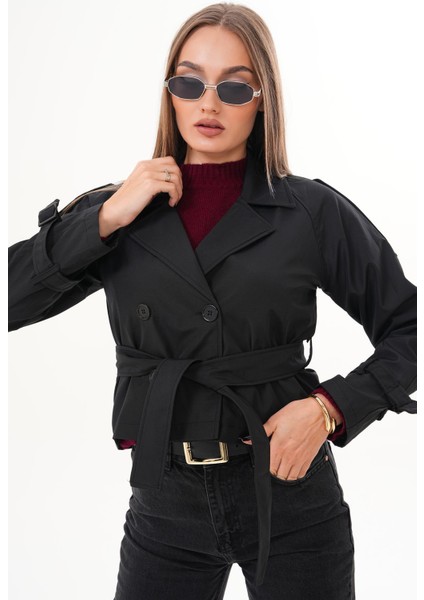 Kuşaklı Astarlı Kısa Trençkot Siyah modelleri