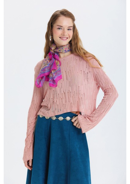 Delikli Bisiklet Yaka Bluz Pembe